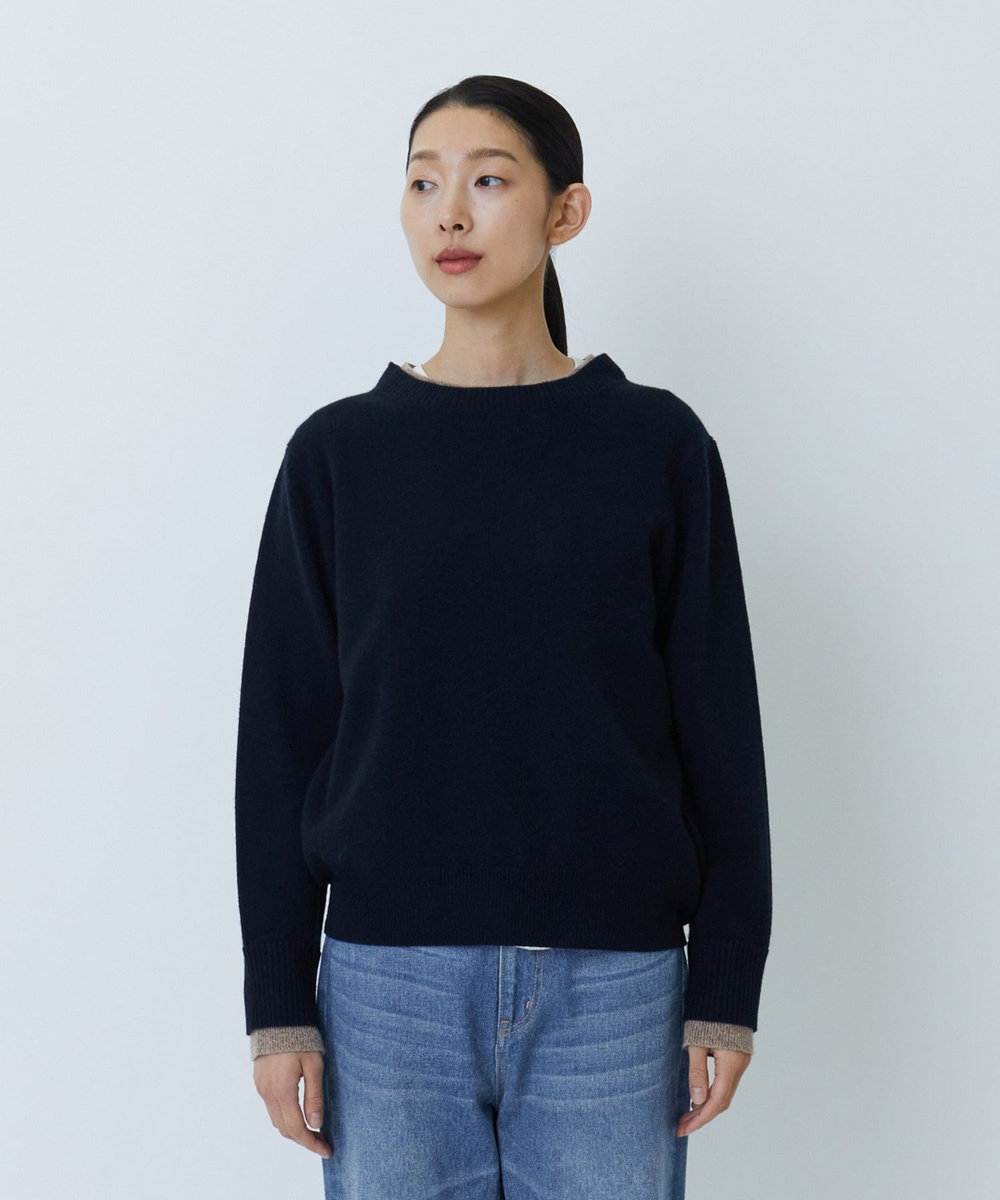 LOISIR カシミヤ混天竺配色ニット ネイビー