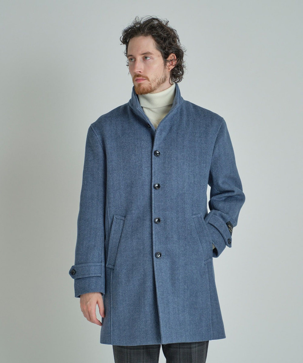 MEN'S BIGI Super140ウールヘリンボーンビーバー スタンドカラーコート ブルー