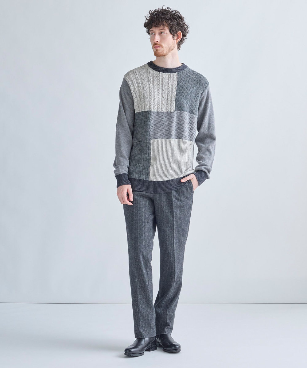 MEN'S BIGI カシミヤ混 パッチワーク風クルーネックニット チャコールグレー