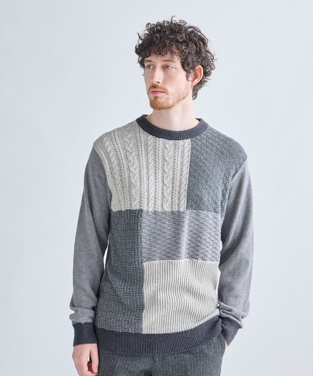 MEN'S BIGI カシミヤ混 パッチワーク風クルーネックニット チャコールグレー