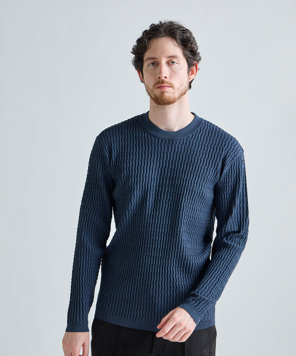 MEN'S BIGI ブリスタージャカード 変形ケーブルモックネックロングTEE ネイビー