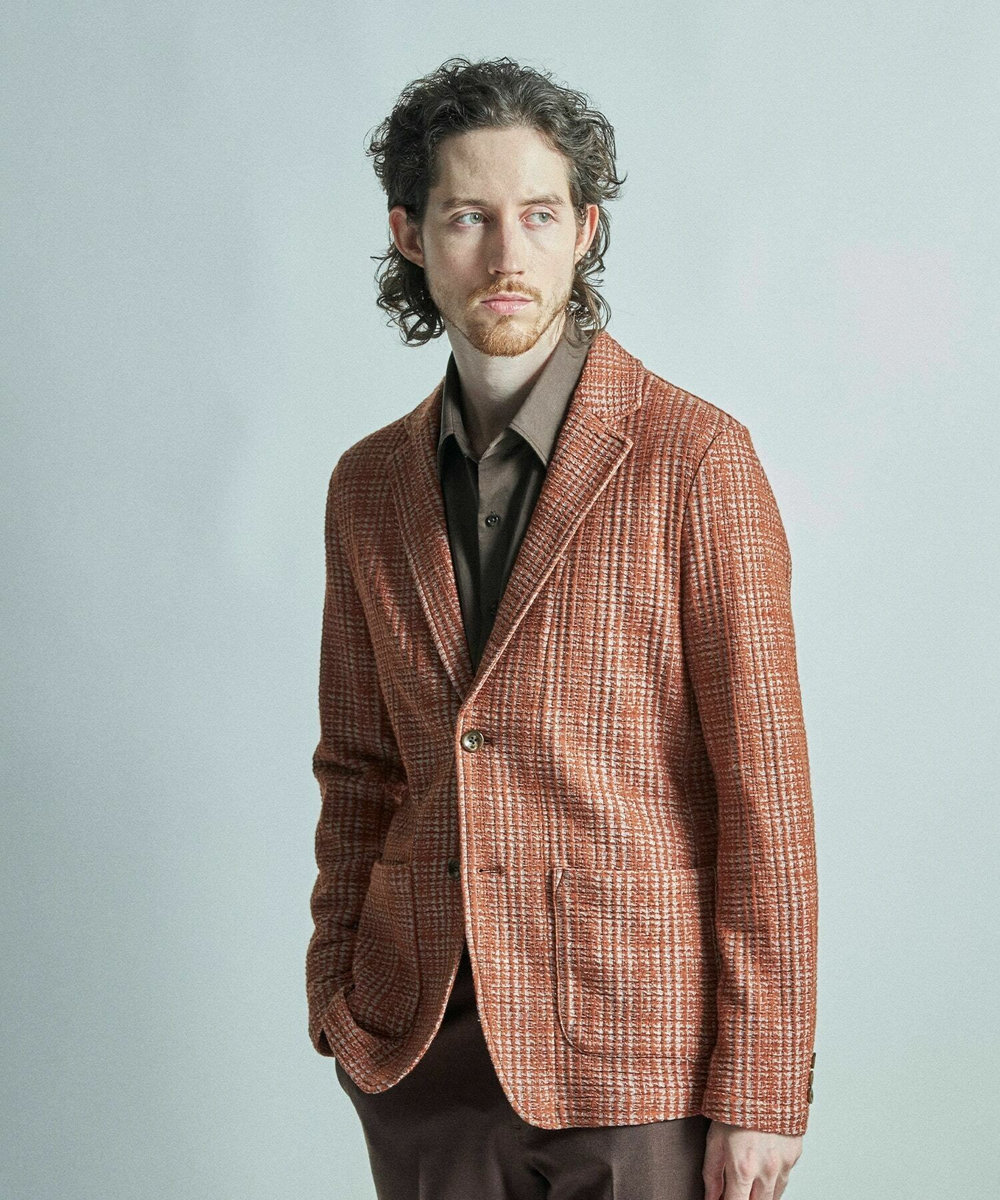 MEN'S BIGI ジャガードニット グレンチェックジャケット オレンジ