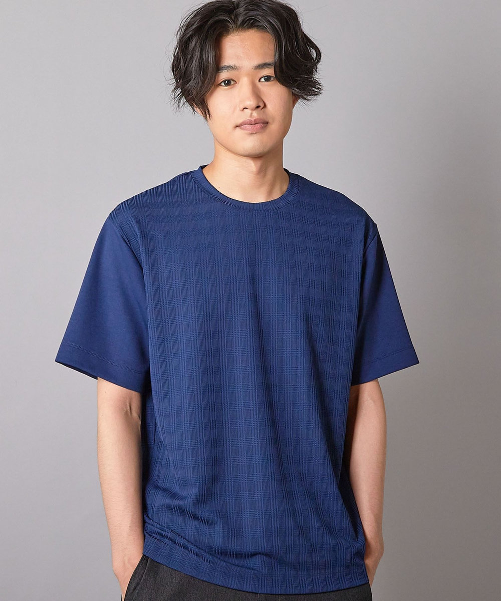 UNION STATION チェックジャガード×袖ポンチ 異素材Tシャツ ネイビー