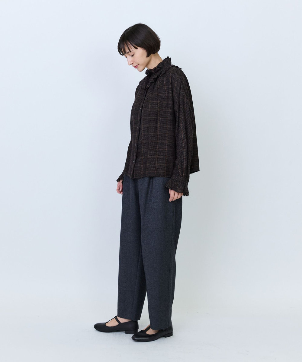 LOISIR ウールガーゼフリルカラーブラウス ブラウン