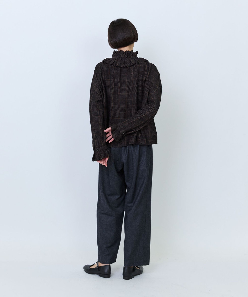 LOISIR ウールガーゼフリルカラーブラウス ブラウン