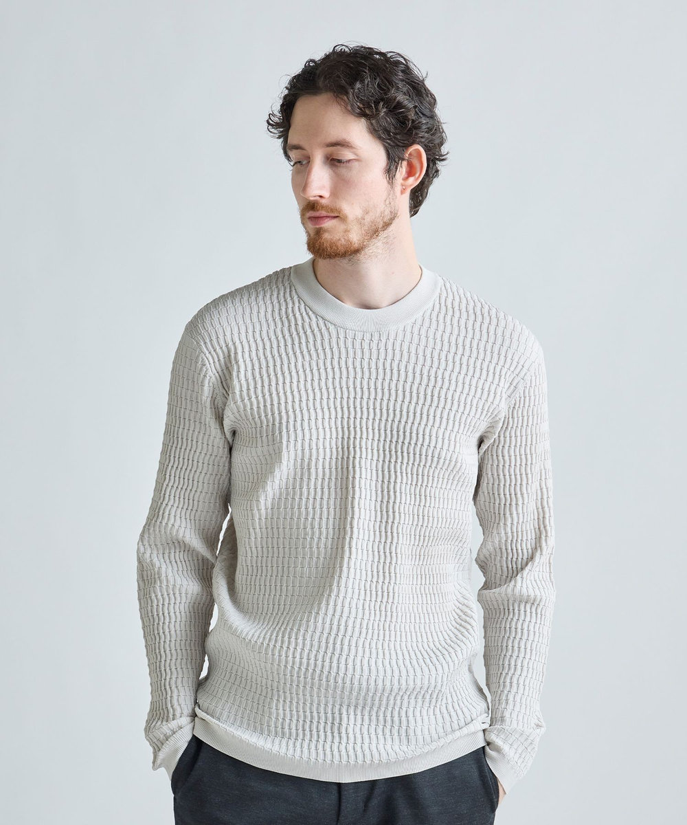 MEN'S BIGI ブリスタージャカード 変形ケーブルモックネックロングTEE オフホワイト