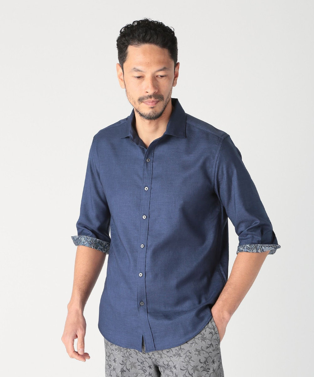 MEN'S BIGI オクシィジュエルストレッチ七分袖シャツ〈ストレッチ〉 ネイビー