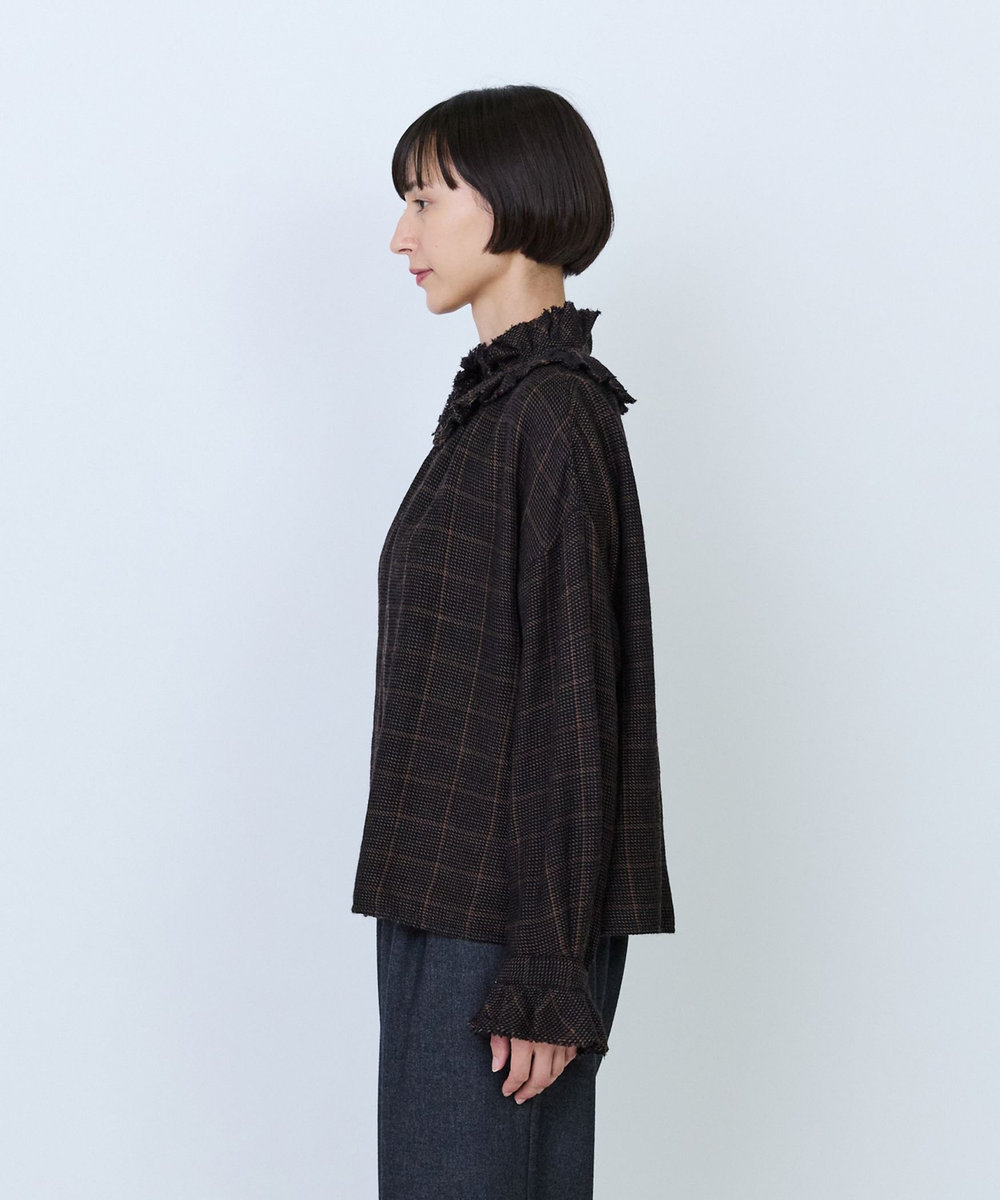 LOISIR ウールガーゼフリルカラーブラウス ブラウン