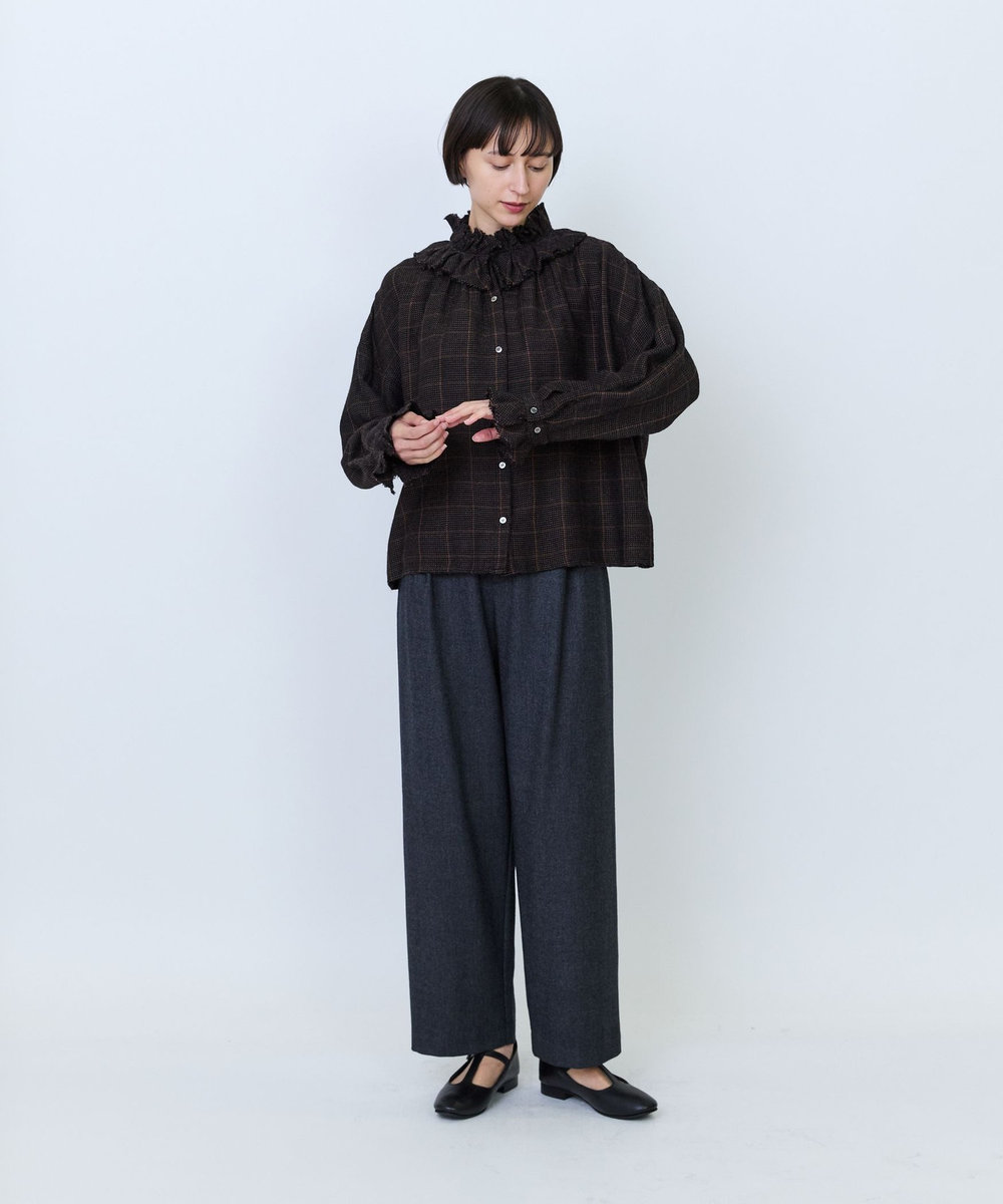 LOISIR ウールガーゼフリルカラーブラウス ブラウン