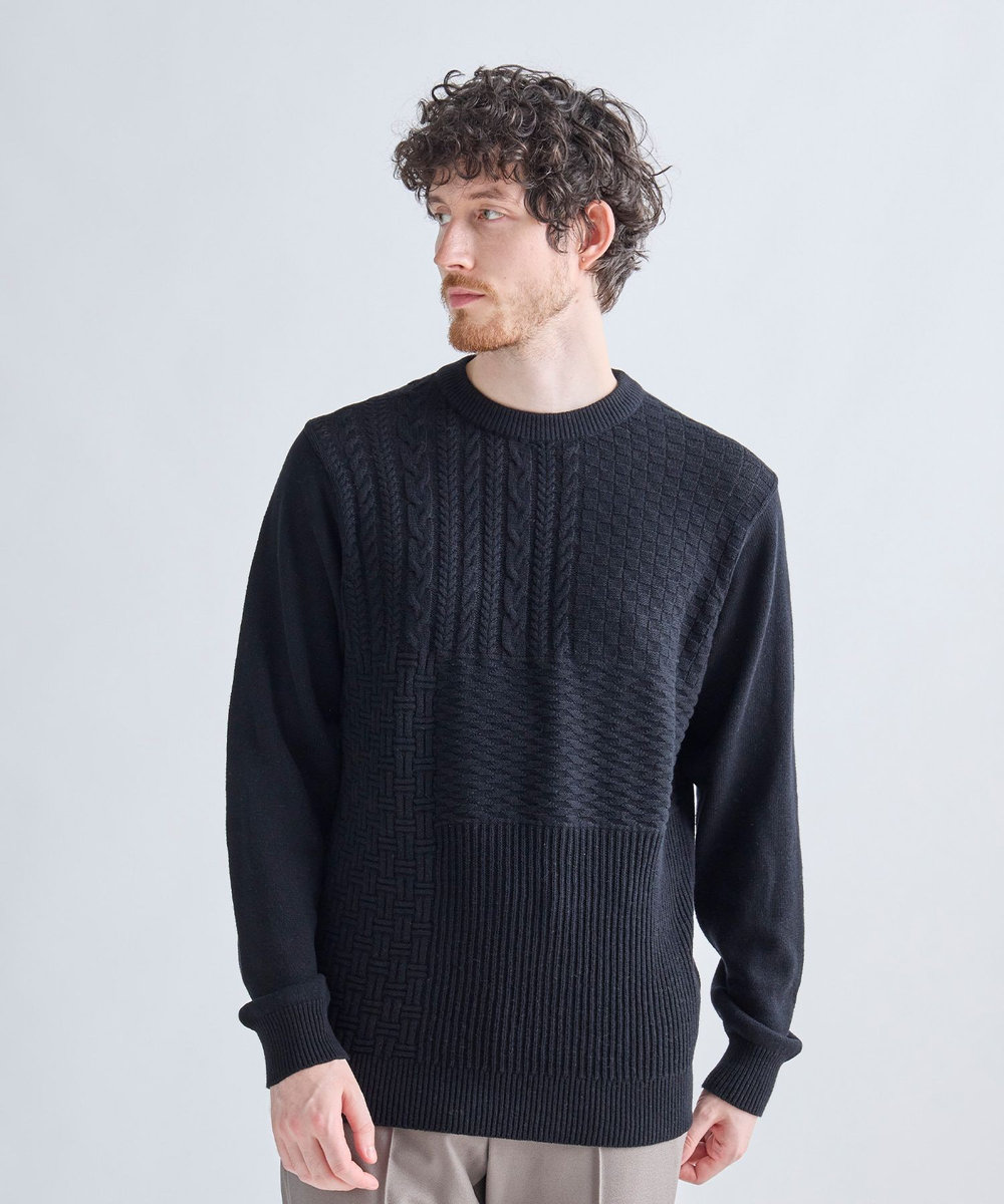 MEN'S BIGI カシミヤ混 パッチワーク風クルーネックニット ブラック