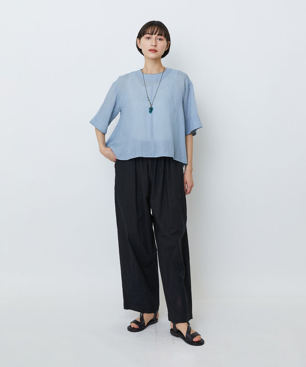 LOISIR コットンリネンクロス刺繍入りイージーパンツ ブラック
