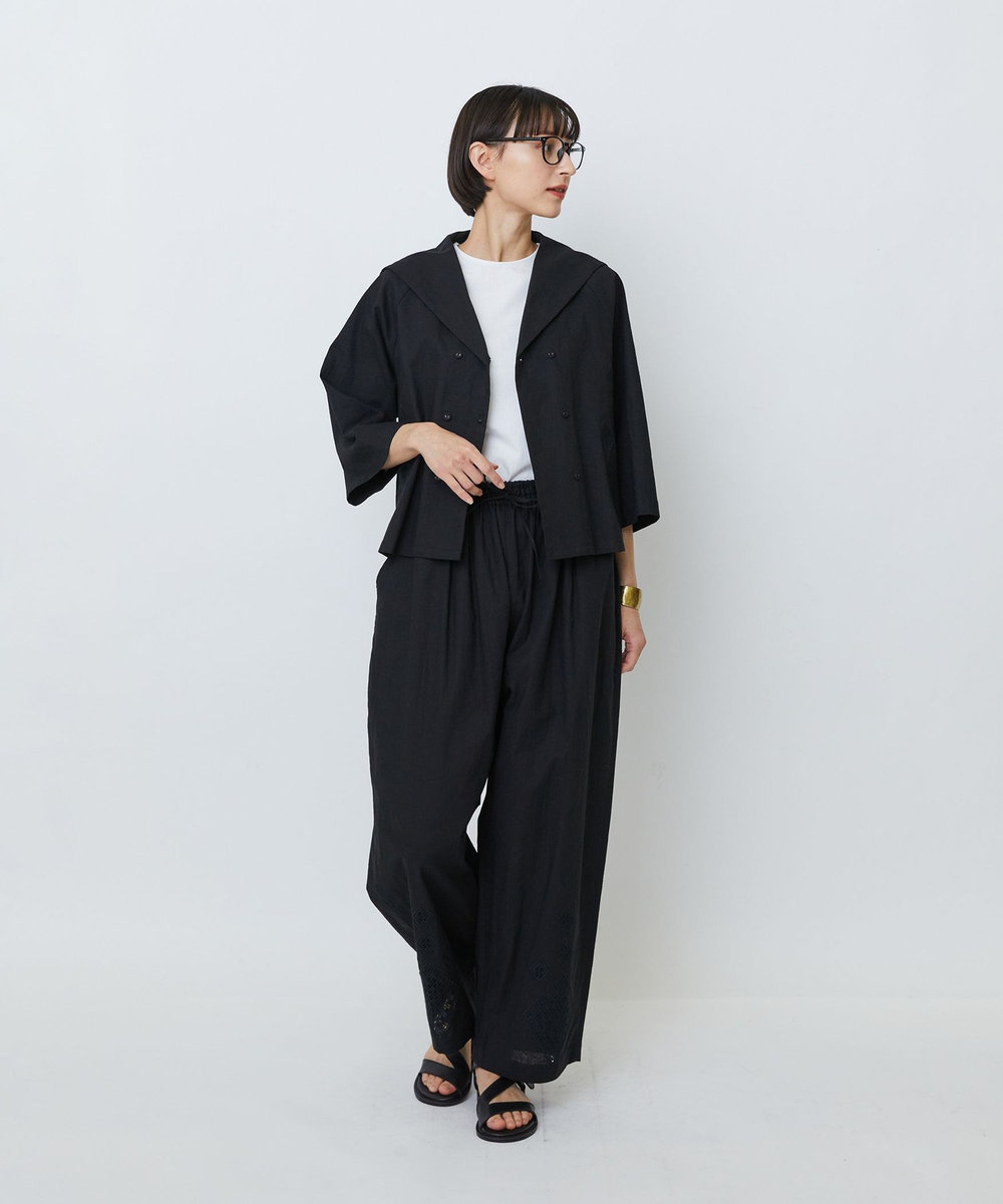LOISIR コットンリネンクロス刺繍入りイージーパンツ ブラック