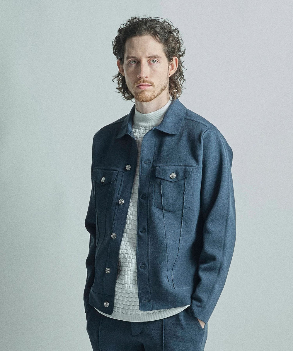 MEN'S BIGI デニムジャケット風ミラノリブニットアウター ネイビー