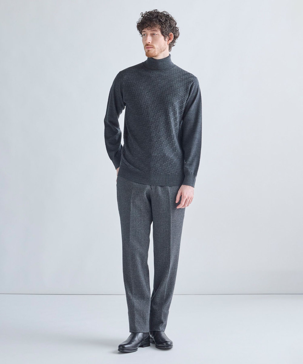 MEN'S BIGI 12Gメリノウール 幾何学柄タートルネックニット チャコールグレー
