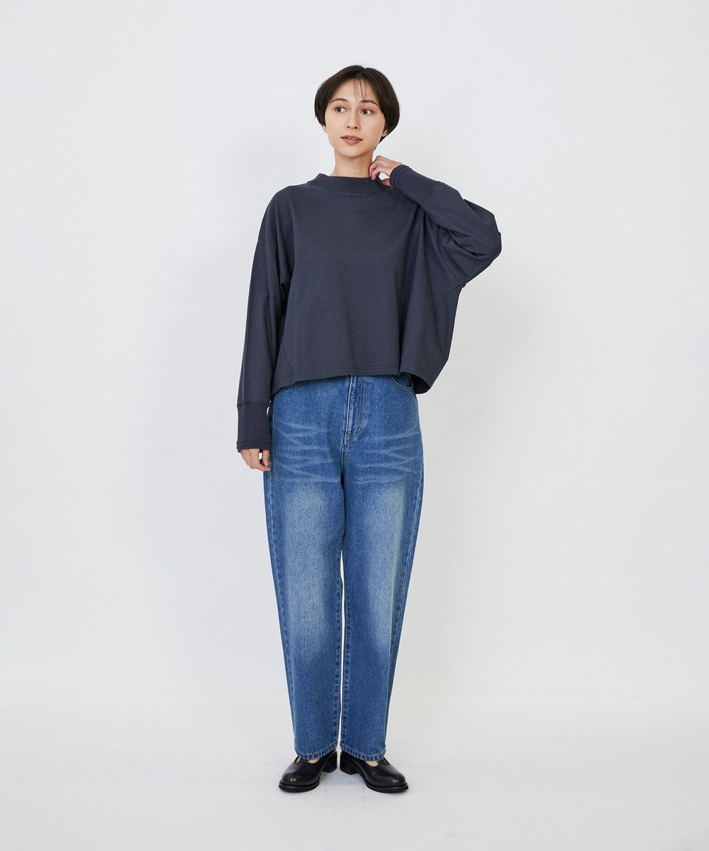 LOISIR コットン天竺モックネックショートプルオーバー チャコールグレー