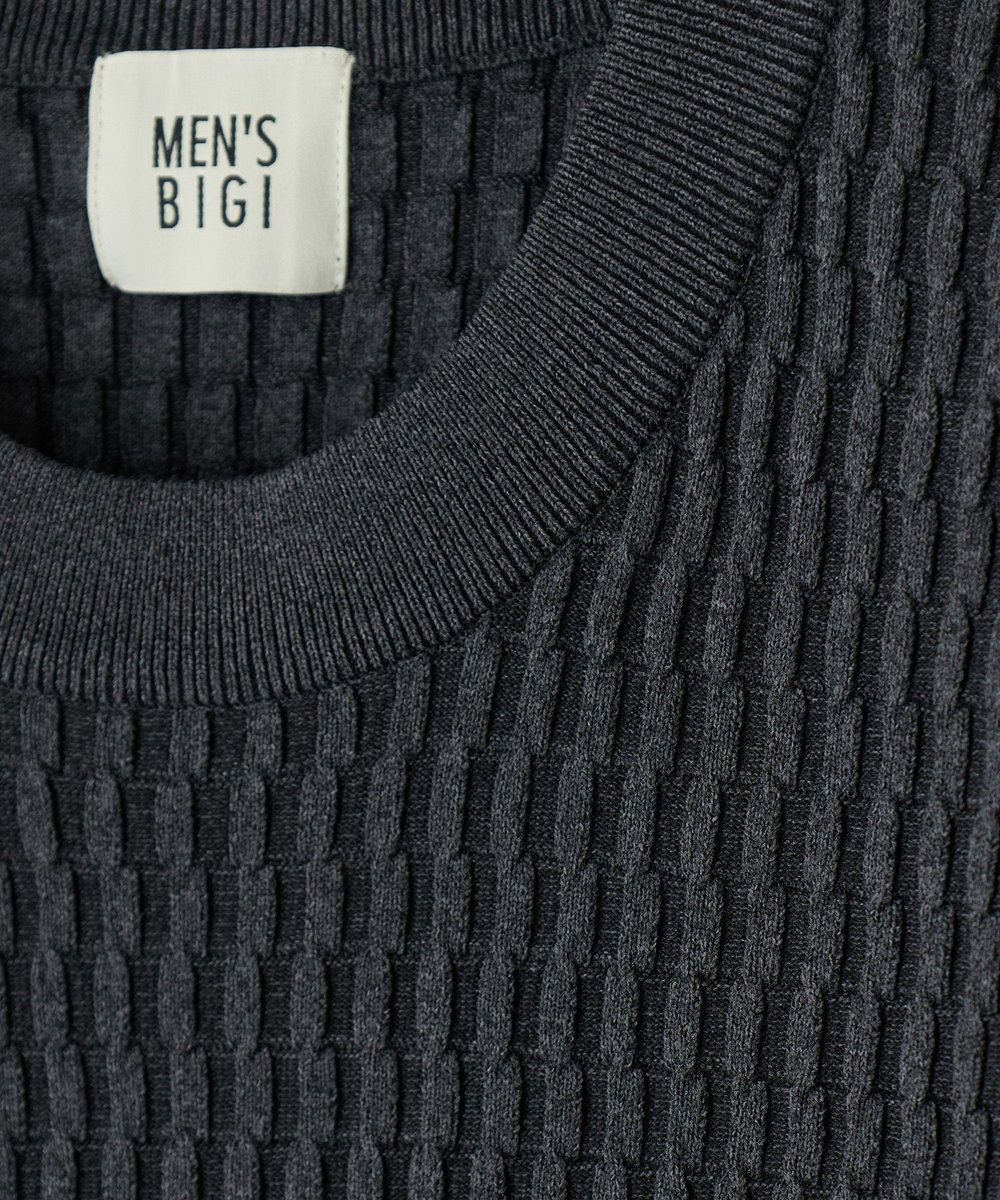 MEN'S BIGI ブリスタージャカード 変形ケーブルモックネックロングTEE チャコールグレー