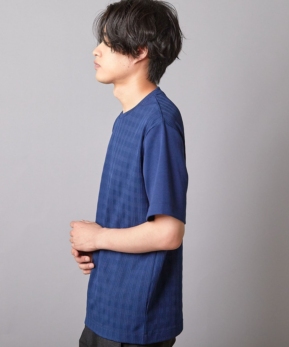 UNION STATION チェックジャガード×袖ポンチ 異素材Tシャツ ネイビー