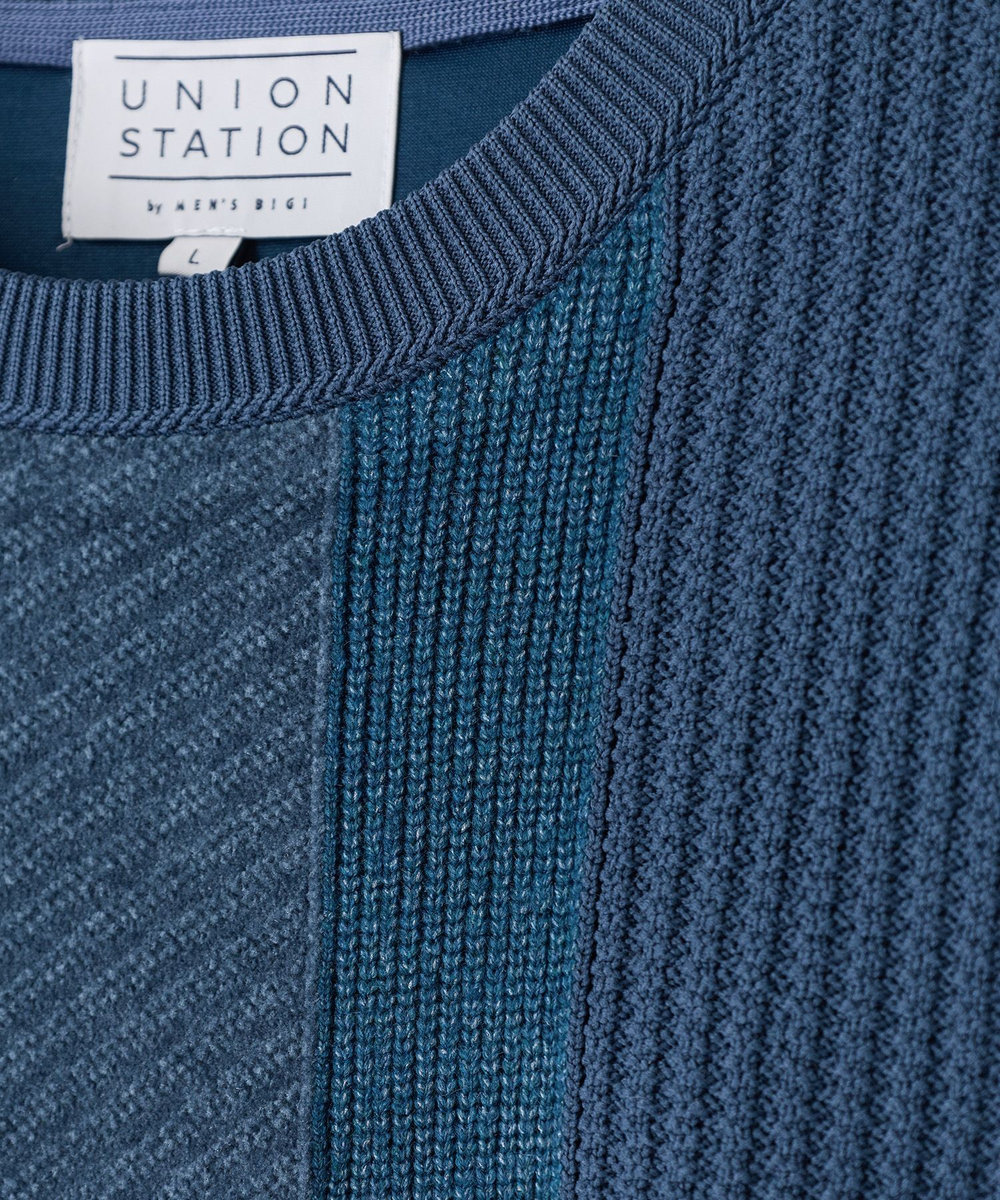 UNION STATION ダンボール×異素材コンビ カラーブロックスウェット ターコイズブルー