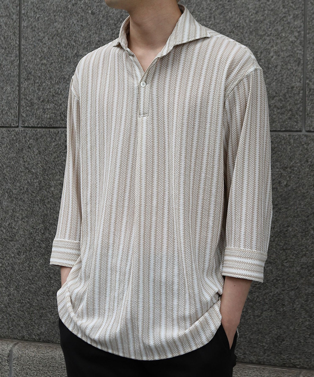 MEN'S BIGI ドビーストライププルオーバーシャツ ベージュ
