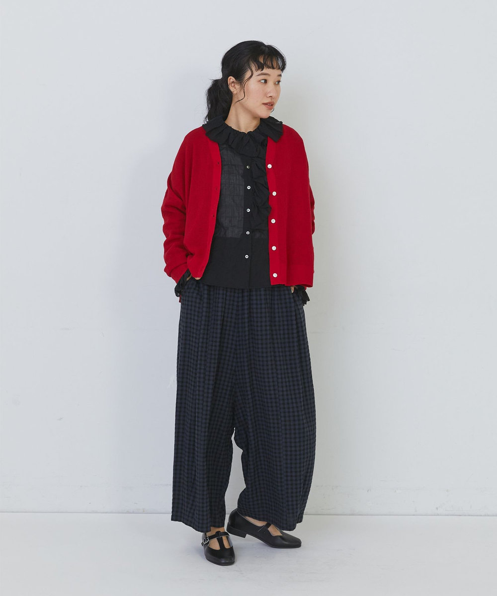 congés payés ADIEU TRISTESSE 14G麻綿ワッフル編みVネックカーディガン レッド