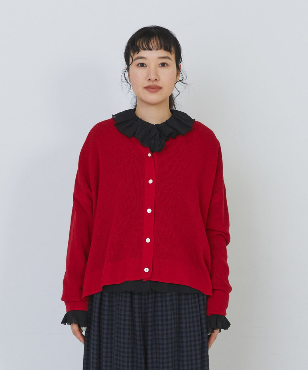 congés payés ADIEU TRISTESSE 14G麻綿ワッフル編みVネックカーディガン レッド