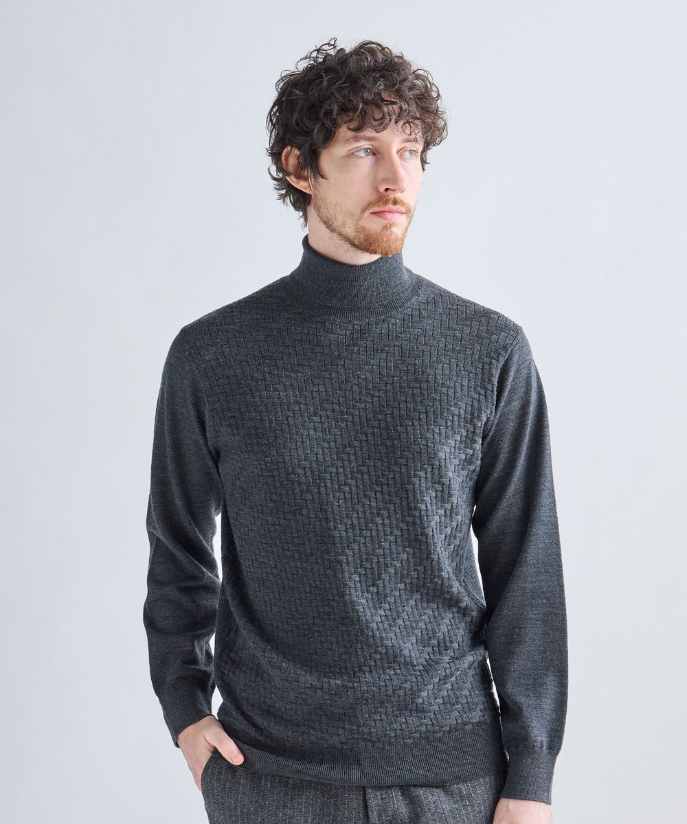 MEN'S BIGI 12Gメリノウール 幾何学柄タートルネックニット チャコールグレー