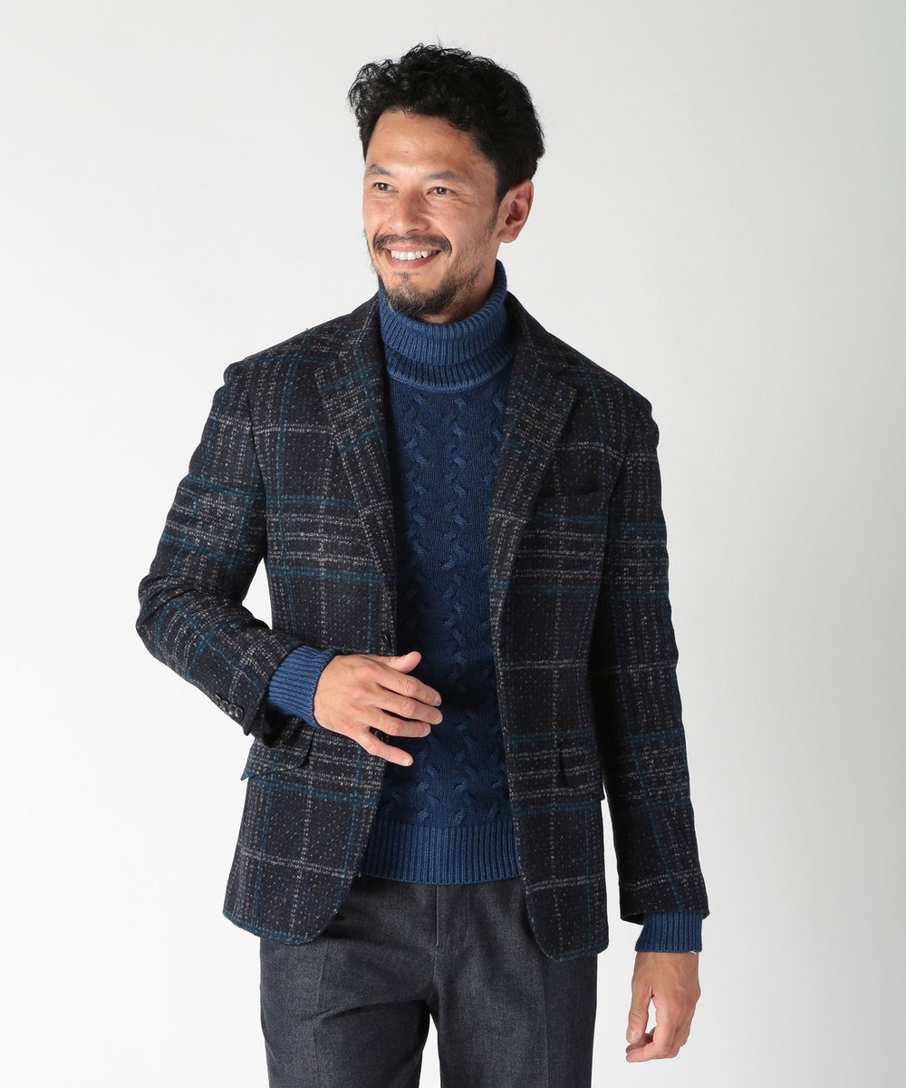 MEN'S BIGI 5ゲージスノー加工ケーブルタートルネックセーター ブルー