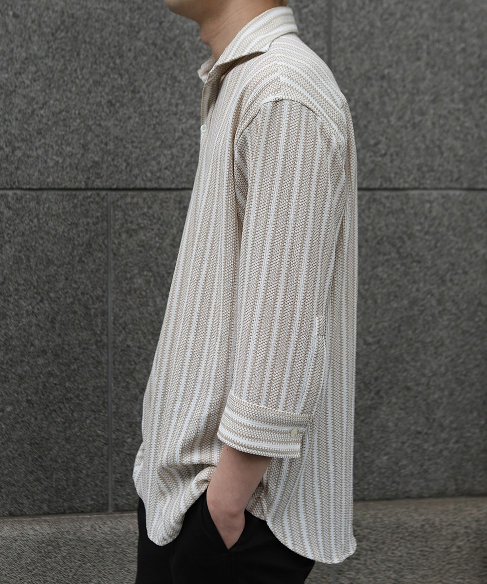 MEN'S BIGI ドビーストライププルオーバーシャツ ベージュ