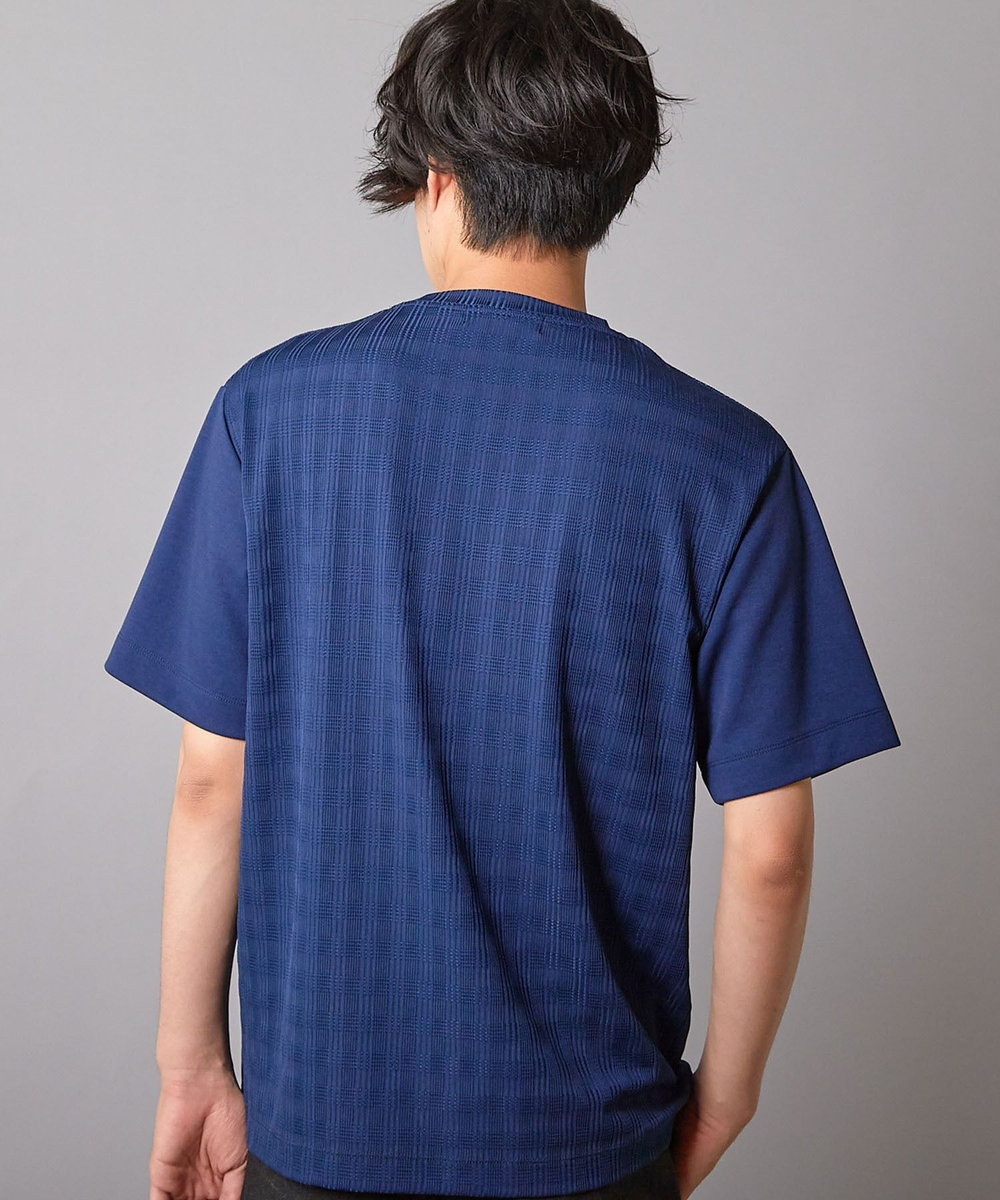 UNION STATION チェックジャガード×袖ポンチ 異素材Tシャツ ネイビー