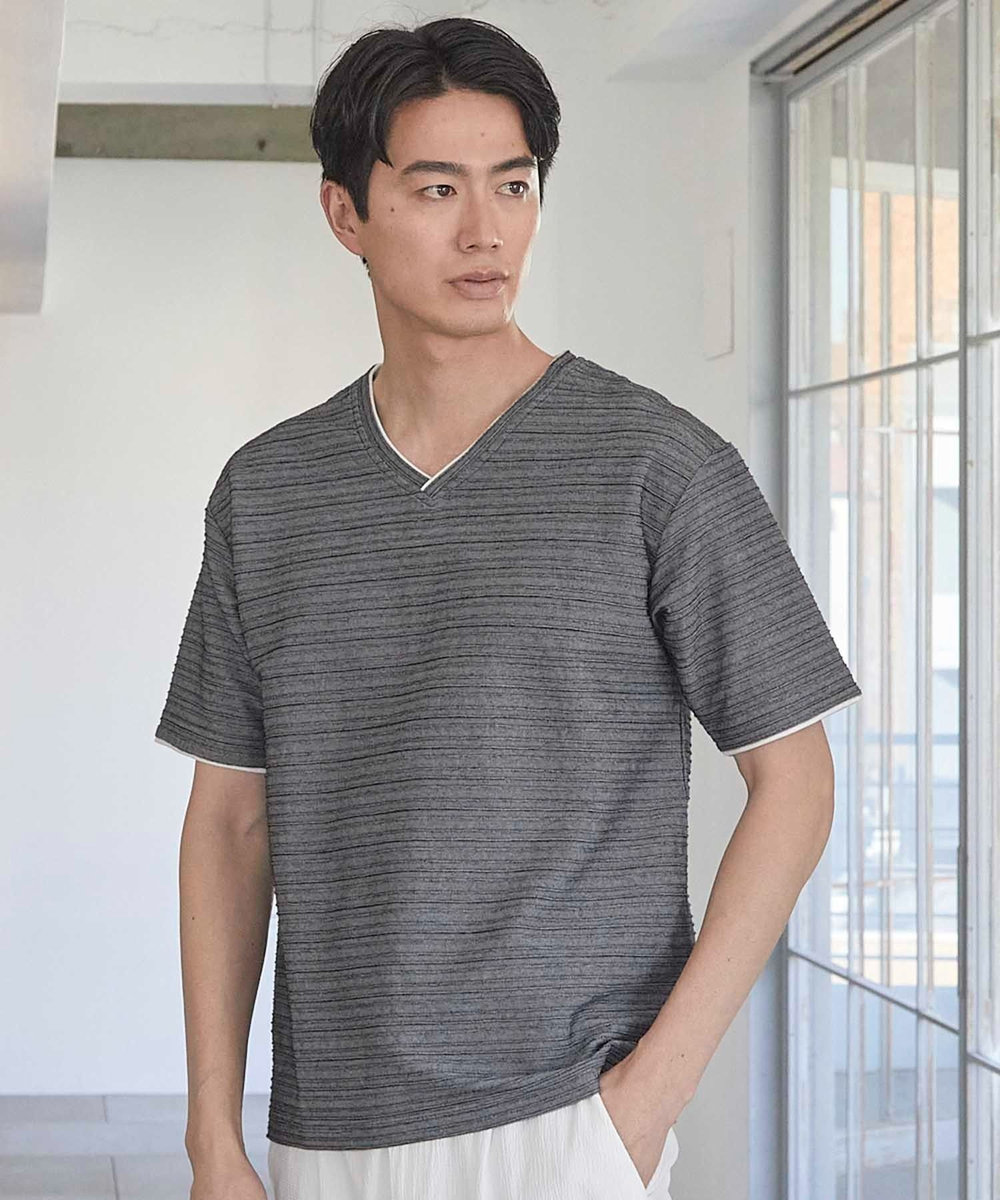 UNION STATION タックジャガードVネックTシャツ ブラック系その他