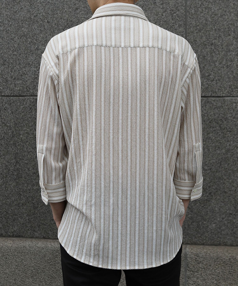 MEN'S BIGI ドビーストライププルオーバーシャツ ベージュ