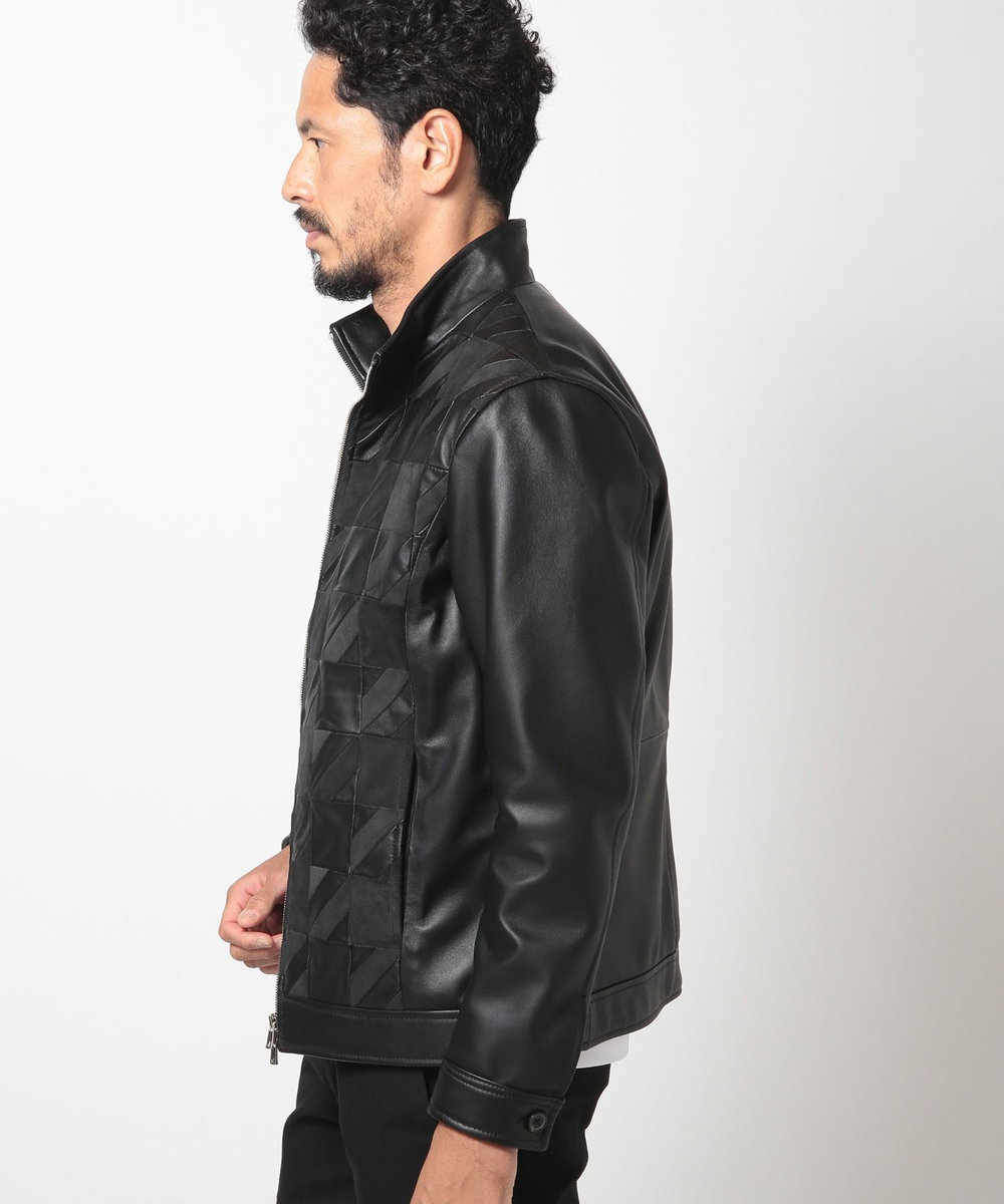MEN'S BIGI クロームタンニングレザー千鳥格子コンビジャケット ブラック