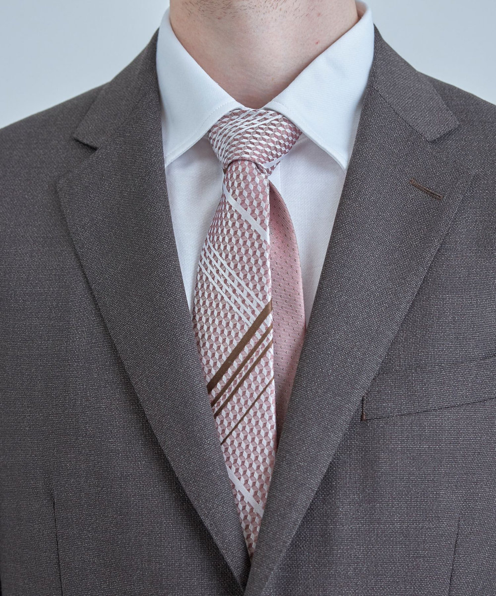 MEN'S BIGI チェックxドット柄シルクネクタイ ピンク