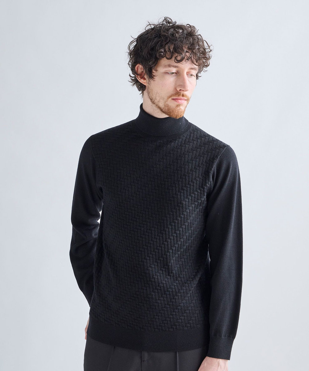 MEN'S BIGI 12Gメリノウール 幾何学柄タートルネックニット ブラック