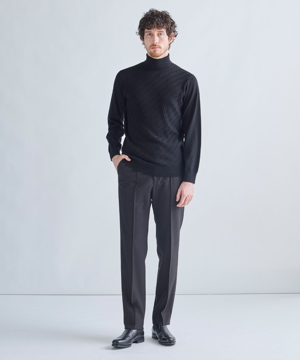 MEN'S BIGI 12Gメリノウール 幾何学柄タートルネックニット ブラック
