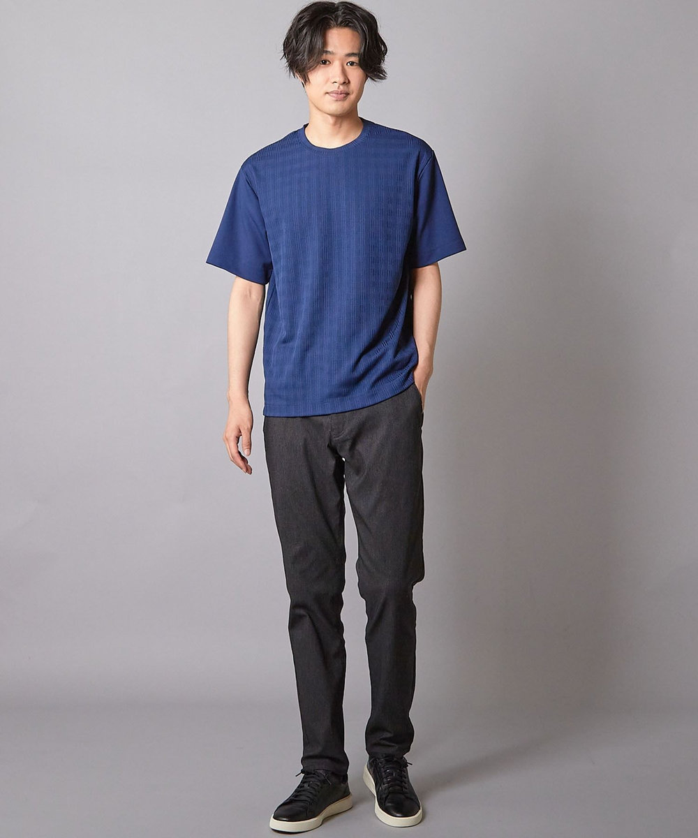 UNION STATION チェックジャガード×袖ポンチ 異素材Tシャツ ネイビー