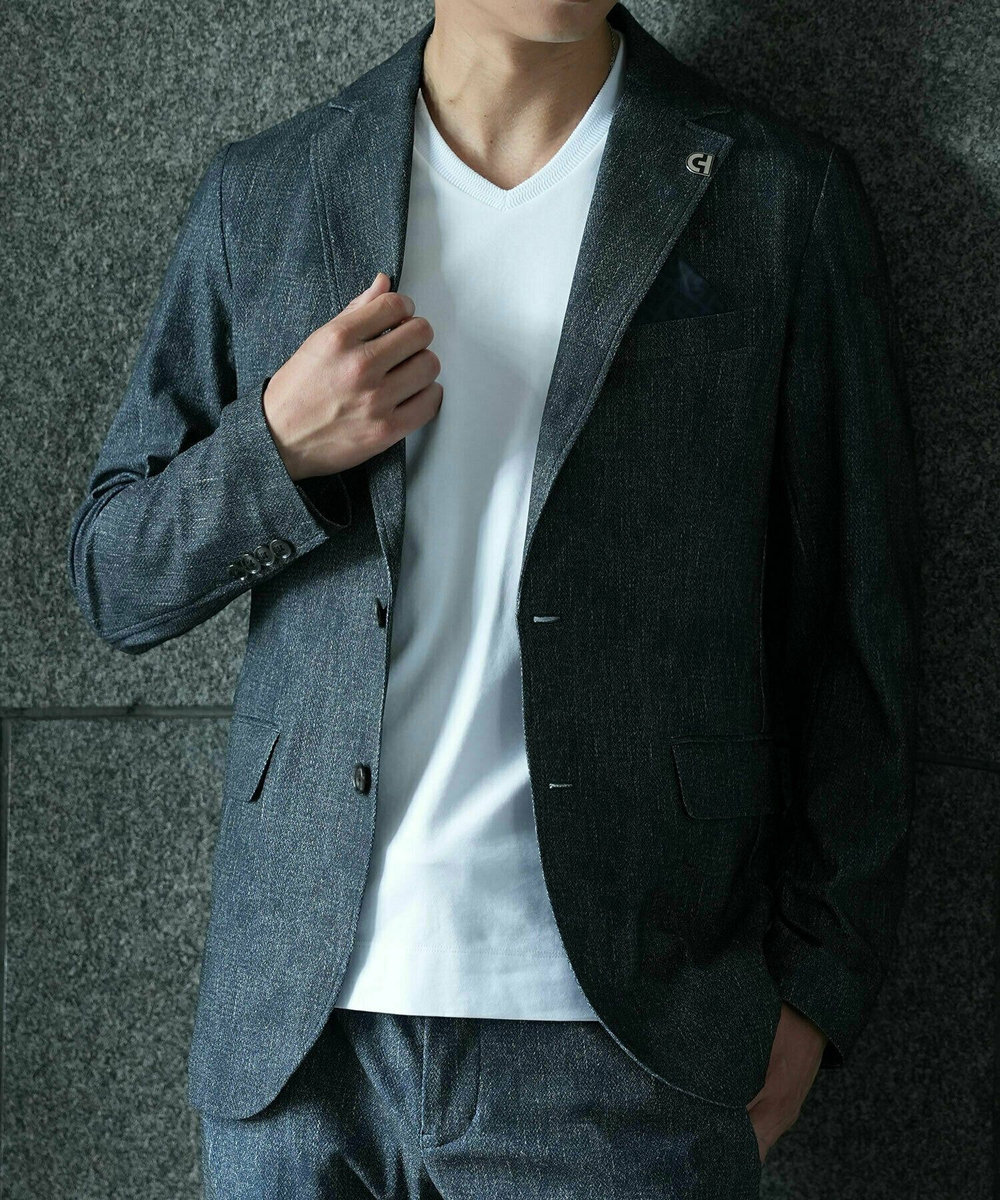 MEN'S BIGI 【COLE HAAN/コール ハーン】別注 トリコットメッシュデニムプリントジャケット＜吸水速乾/EASY CARE＞ ブルー