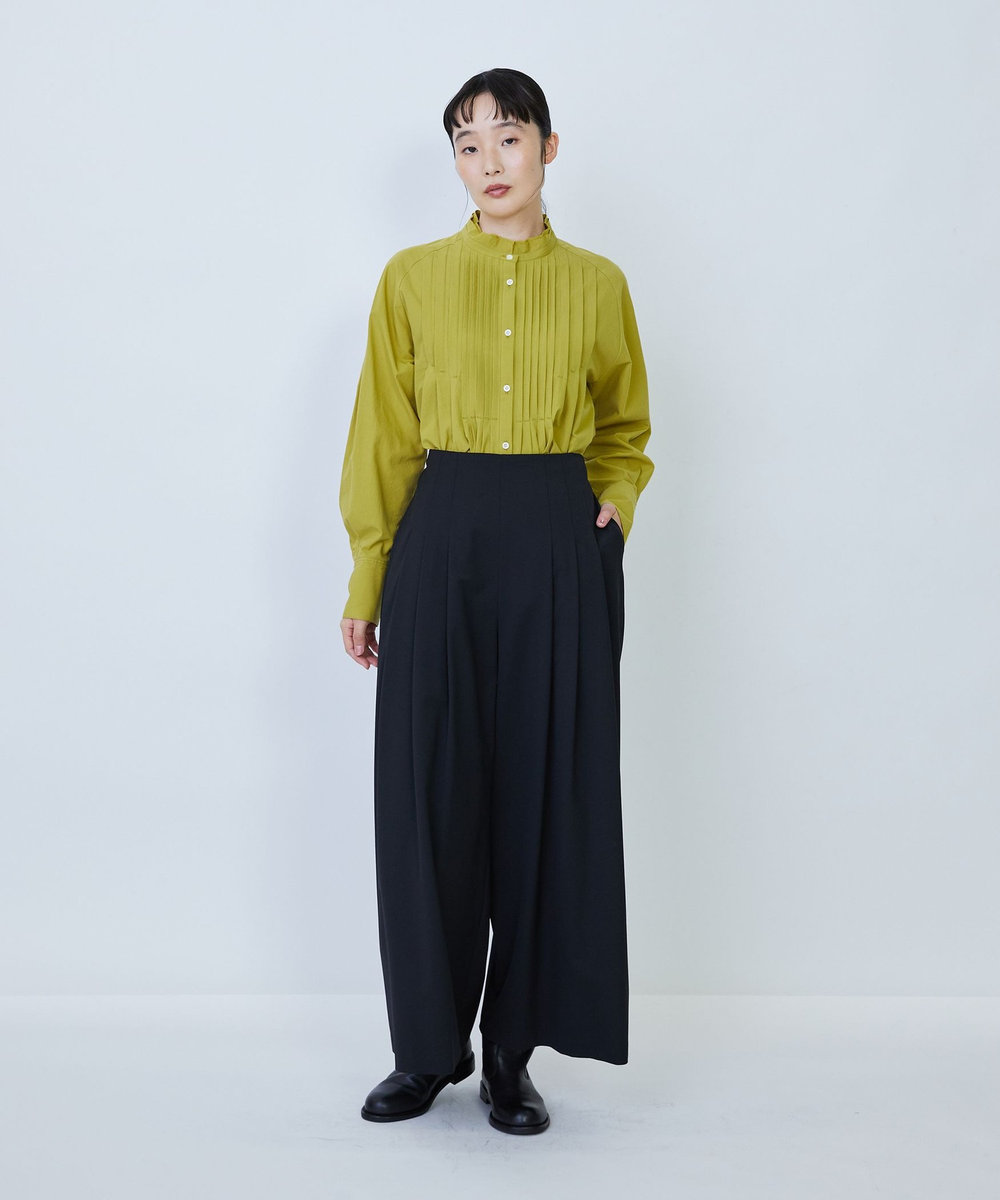LOISIR ウール混ギャバワイドパンツ ブラック