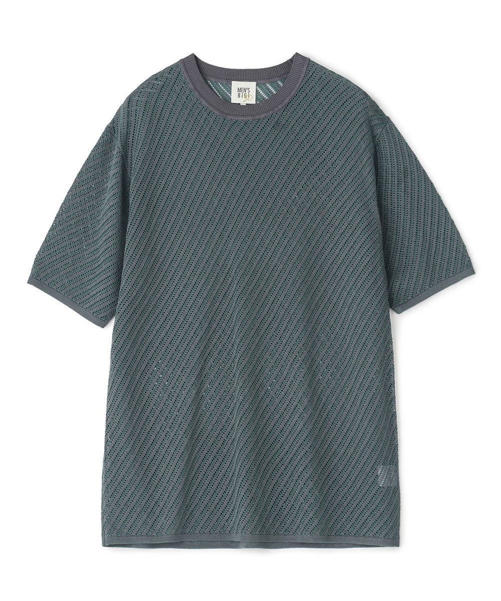MEN'S BIGI 	クルーネックバイアスメッシュニット半袖Tシャツ グリーン