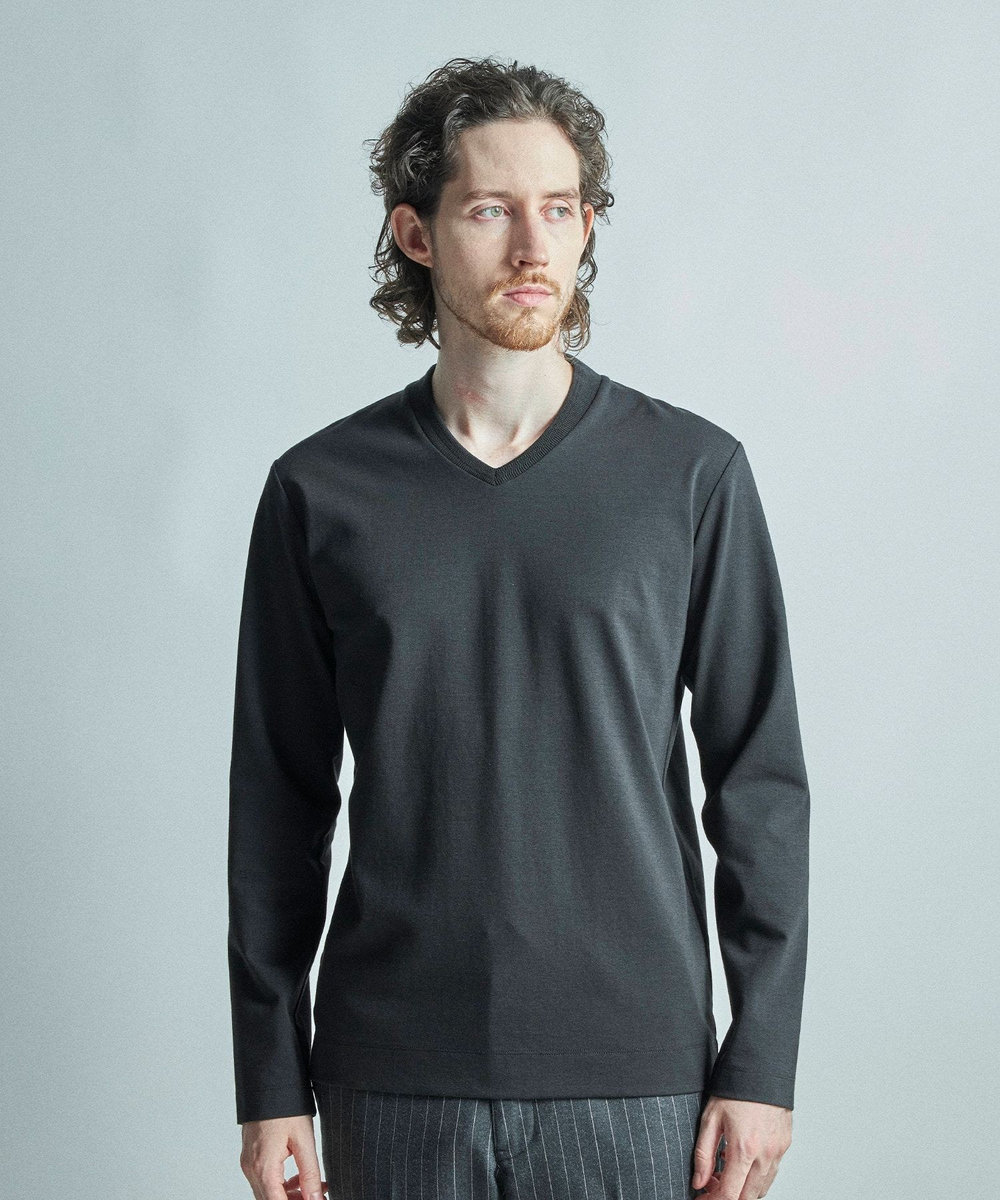 MEN'S BIGI 【ACTIVE TAILOR/アクティブテイラー】シルケットスムースVネック長袖Tシャツ ブラック