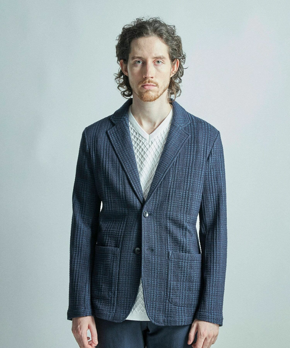MEN'S BIGI ジャガードニット グレンチェックジャケット ネイビー