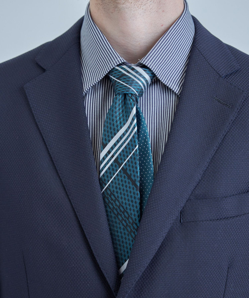MEN'S BIGI チェックxドット柄シルクネクタイ ターコイズブルー