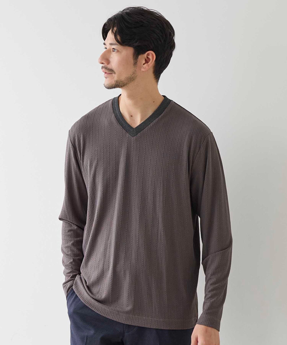 UNION STATION リンクスジャガード　リブニットソーTシャツ チャコールグレー
