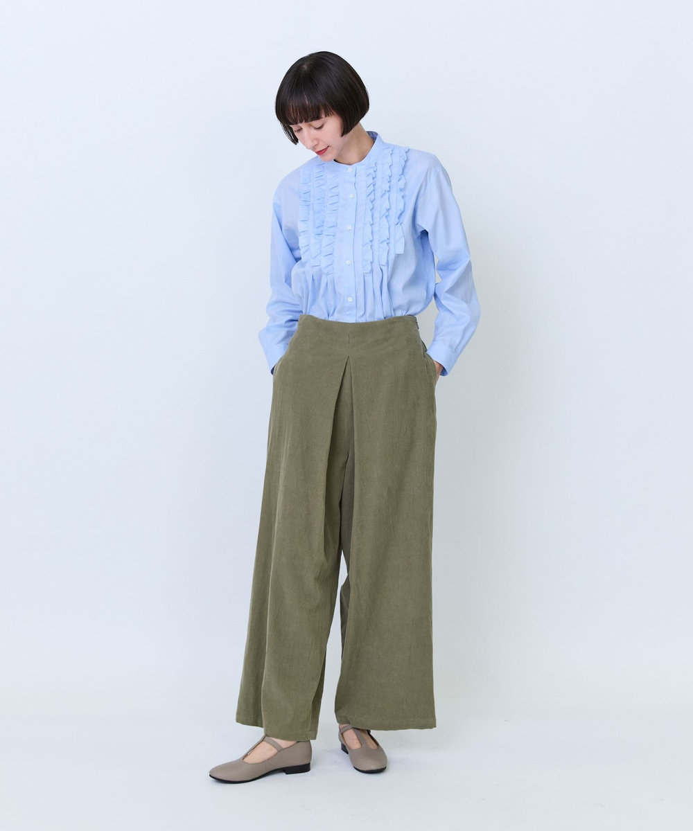 LOISIR コットン細コールBOXタックワイドパンツ カーキ