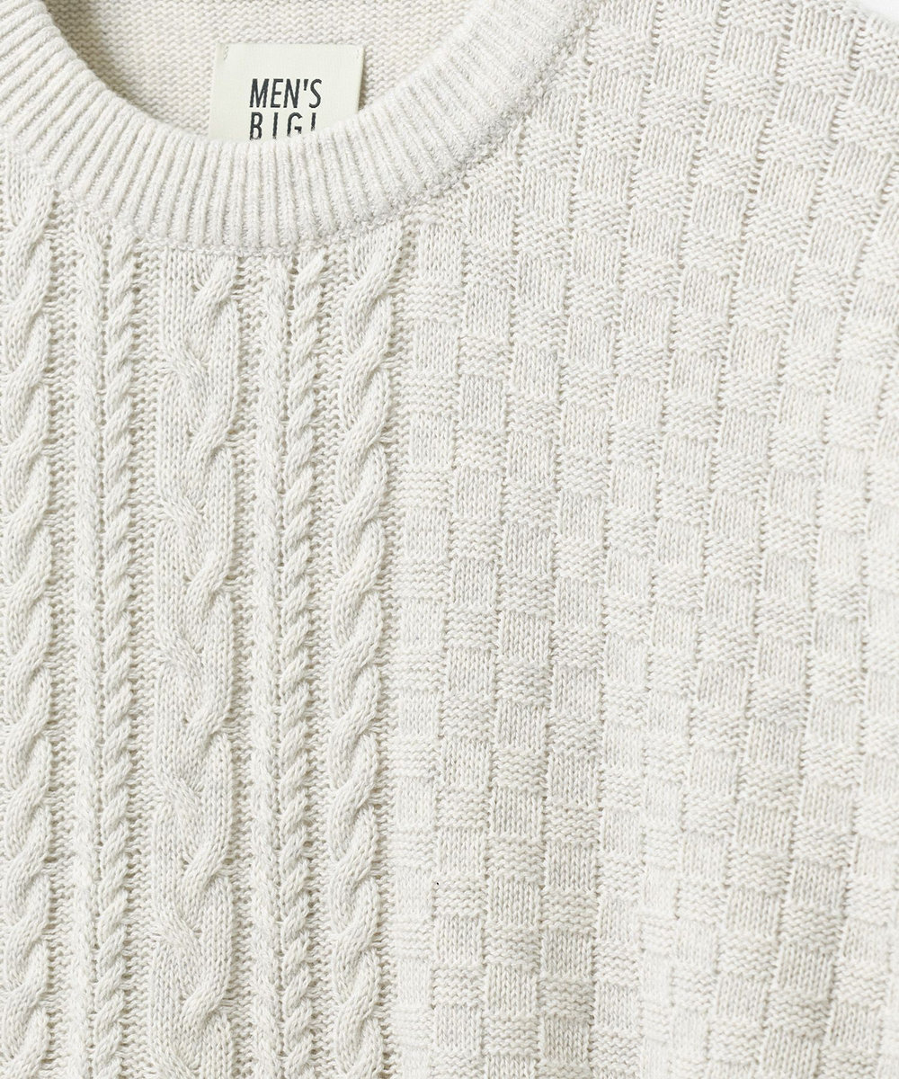 MEN'S BIGI カシミヤ混 パッチワーク風クルーネックニット オフホワイト