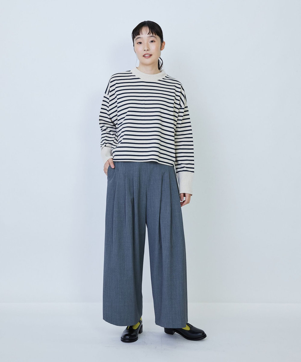 LOISIR ウール混ギャバワイドパンツ ブラック