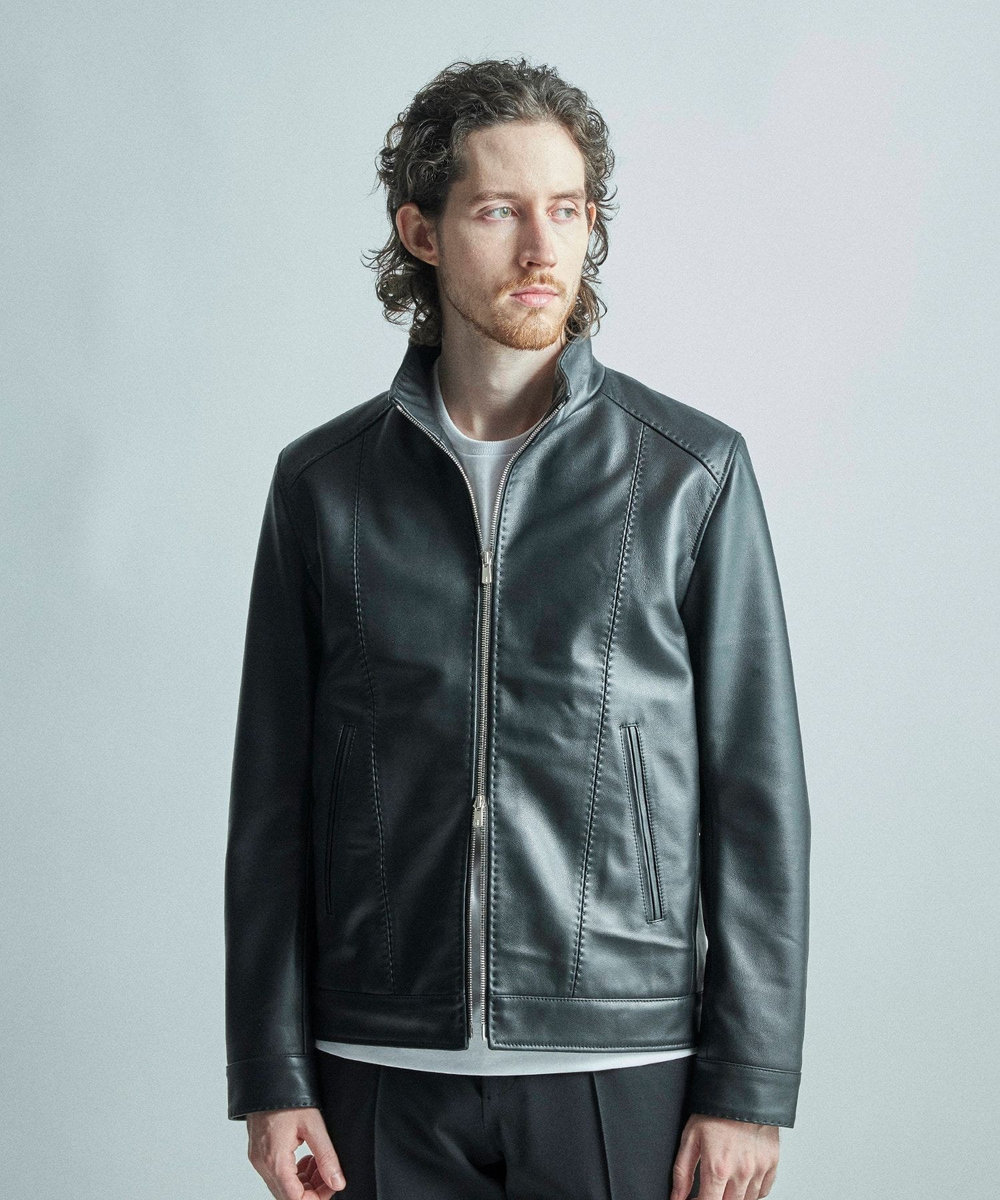 MEN'S BIGI スタンドカラーシングルライダース シープレザージャケット ブラック