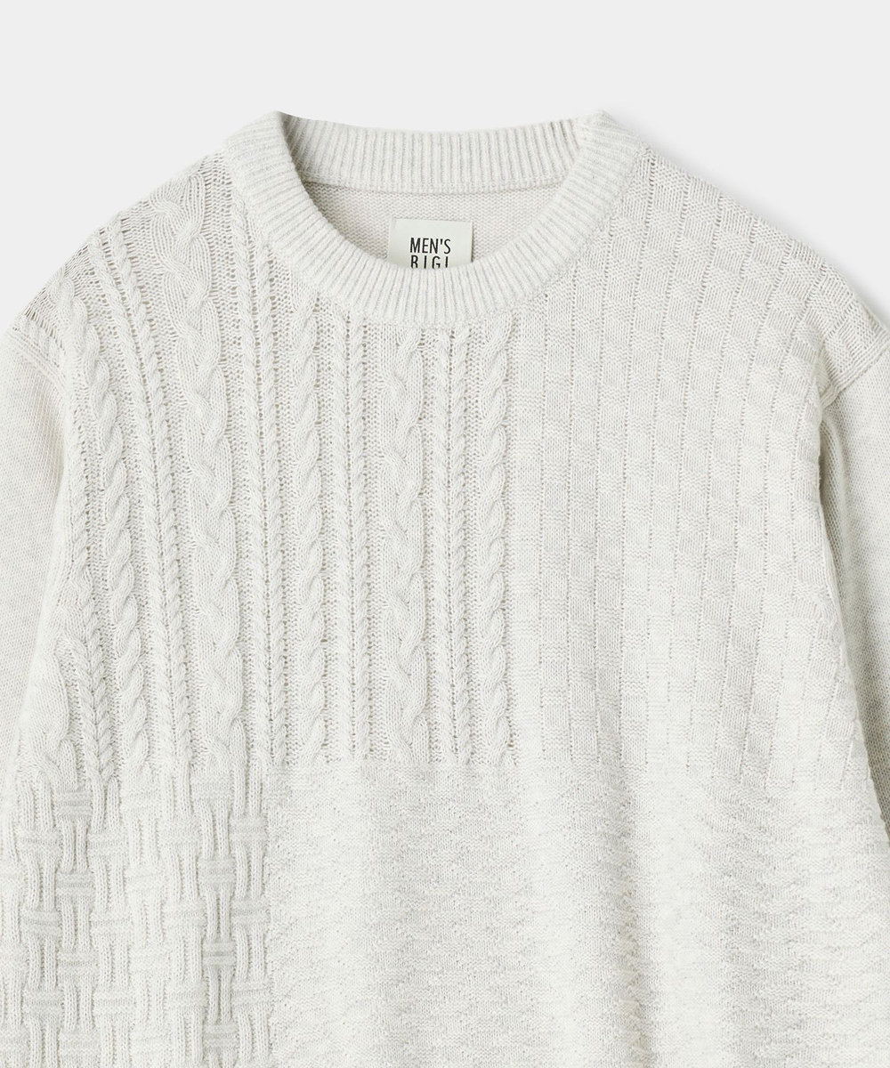 MEN'S BIGI カシミヤ混 パッチワーク風クルーネックニット オフホワイト