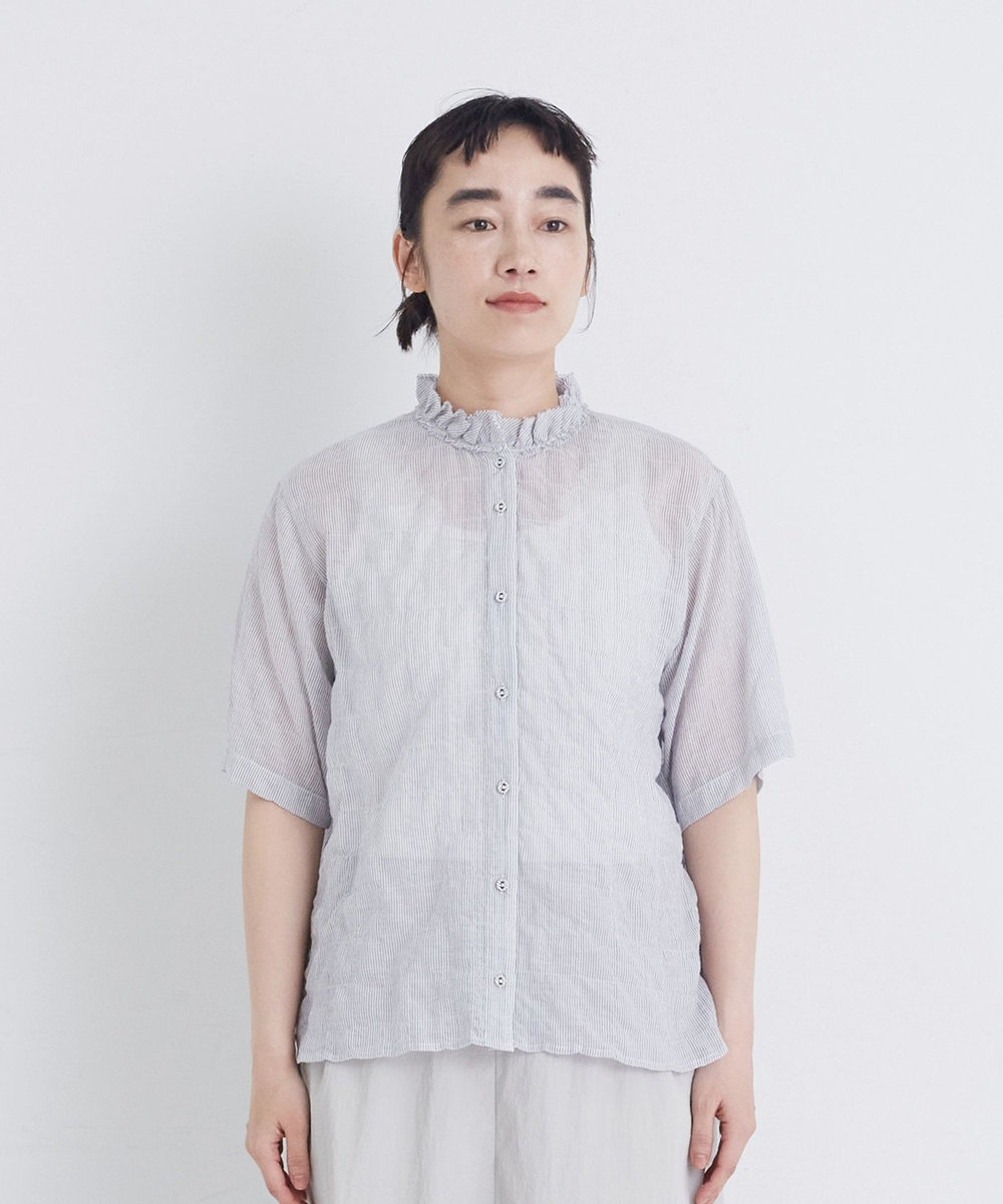 congés payés ADIEU TRISTESSE 【FAVE】シャーリングダブルフリルカラーブラウス ストライプ