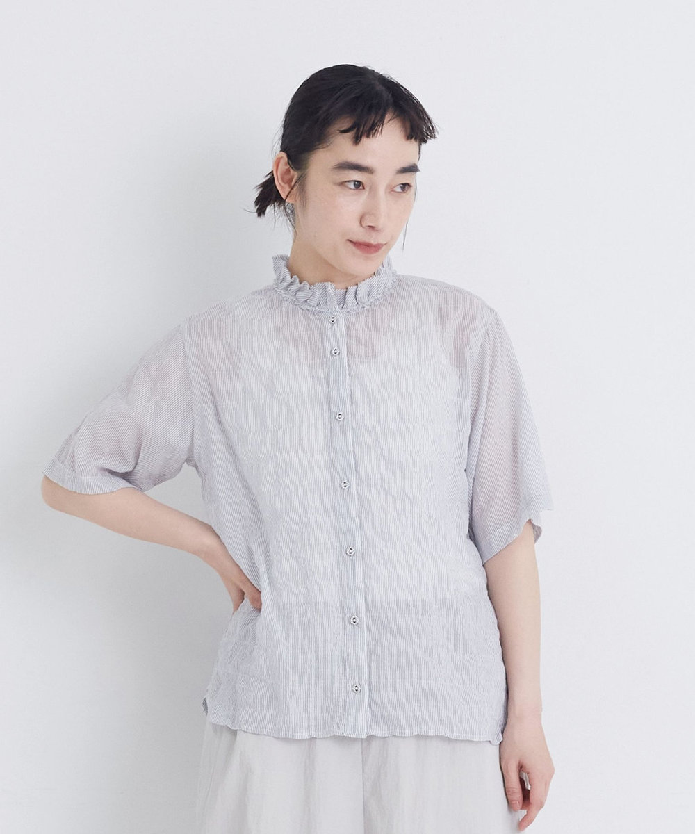 congés payés ADIEU TRISTESSE 【FAVE】シャーリングダブルフリルカラーブラウス ストライプ